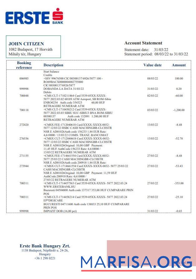 Realistic Hungary Erste bank statement word example